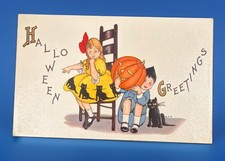 Antique Stecher Halloween Postcard Series 400 C Girl Cat Jack O Lantern Unused picture
