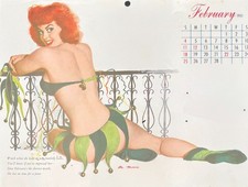 1951 Al Moore Pin-Up Calendar Page February Jester Girl Vintage 8.25 x 11 picture