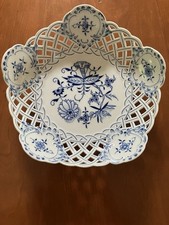 Antique Meissen Blue Onion Reticulated Rim Bowl 9” Five Point Round picture
