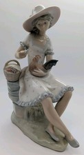 NAO by Lladro Figurine Sitting Girl Holding Hen Chicken with Basket & Hat Spain picture