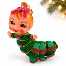 Vintage 1960s Green Flocked Anthropomorphic Pixie Caterpillar Christmas Ornament picture