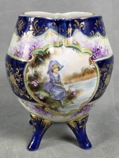 Vintage SEVRES STYLE Hand Painted COBALT Crimped PEDESTAL Porcelain VASE picture