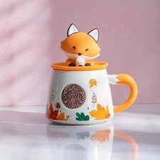 Starbucks Ceramics Mug Cup Set Autumn Forest Maple Leaf Cute Fox With Lid(11 oz) picture