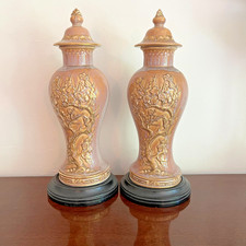 Pair Lung Ming China Ginger Jar Urns Pink Floral Cherry Blossom Asian Decor picture