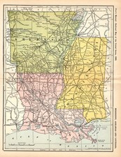 1909 Antique Mississippi Louisiana Arkansas Railroad Map Railway Map 3217 picture
