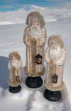 Vintage Set 3 Primitive Cream Santa Figurines Faux Fur Lantern 9