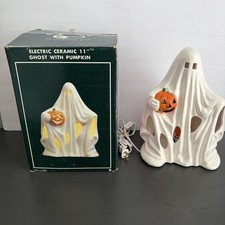 Light Up Halloween Ghost w Pumpkin Pacific Rim Ceramic Vintage 1991 w Box picture