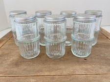 7 VINTAGE ORIGINAL HOOSIER CABINET GLASS RIBBED JARS SELLERS SHAKER JARS picture