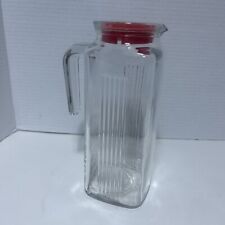 VINTAGE PASABAHCE SQUARE CARAFE PITCHER 9” TALL CLEAR GLASS RED LID MINT COND  picture