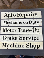 5 VINTAGE DOUBLE SIDED PAINTED STEEL GAS STATION SIGNS AUTO REPAIR MENU SET 1950 picture