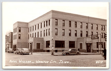 Webster City Art Deco Hotel Willson~Standee/Flatman Sign~1941 Olds Special RPPC picture
