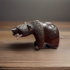 Ironwood Bear W/Fish Figurine Hand Carved Cabin Native American 8 1/2”L picture