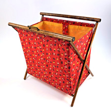 VTG Knitting Sewing Caddy Crochet Yarn Basket Folding Wood Red Calico Floral picture