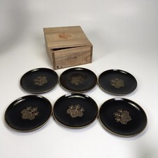 Vintage Japanese Wajima-Nuri Coasters Black Gold Lacquer In Wood Box picture