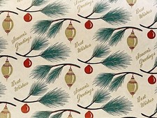 VTG SEASONS GREETINGS CHRISTMAS WRAPPING PAPER GIFT PINE BRANCH ORNAMENTS picture