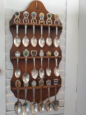 VTG Wooden Spoon Display Wall Rack with 18 Souvenir Spoons Lot 3 Tier picture