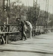 Two Men Looking Over Bridge Rail River Vintage B&W Photograph 3.5 x 3.5 picture
