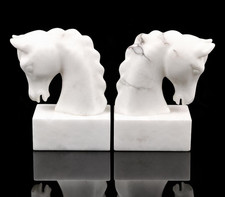 Vintage Italian Carved Alabaster Horse Head Bookends Pair Equestrian Decor picture