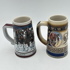 2 Anheuser Busch SE Hitch on a Winters Evening Budweiser Beer Steins 1989 picture