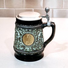 Original King Western Germany 2003 1/2 Lidded Beer Stein Mug w/ Gold Medallions picture