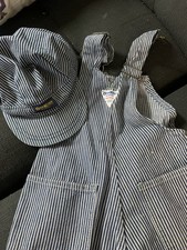 Vintage Osh Kosh B’Gosh Hickory Stripe Train Conductor Hat Cap And Overalls Bib picture