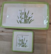 Inspirado Stonelite Green White Floral Design Tray + Trivet Set picture