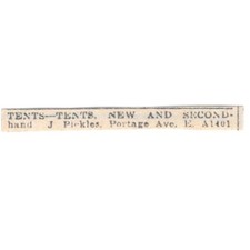 J. Pickles Tents New and Secondhand Portage Ave 1920 Ad AG2-S12 picture