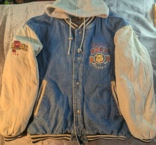 Vintage 90s Disney Store Winnie The Pooh Denim Varsity Jacket Hooded Large 1966 picture