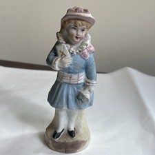 Antique German Bisque Porcelain Girl Figurine Victorian Blue Coat Pink Hat 6