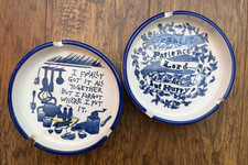 2 VTG MID CENTURY Funny Sayings Ashtrays Kitsch Blue and White picture