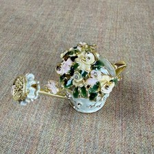 Jeweled Butterfly Hydrangea Flower Trinket Box Enamel Rhinestone Gold Tone picture