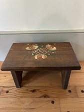Vintage Hand Painted Wooden Step Stool Small Rustic Floral Folk Art Plant Stand picture