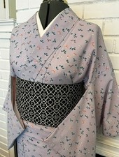 Japanese Vintage Awase Kimono – Lavender Gray with Small Floral Komon Pattern picture