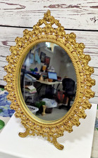 Vtg Gold Toned Ornate Cast Oval Metal Clover Design Vanity Mirror Easel Stand picture