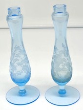 Vintage Blue Glass Bud Vases Floral Etching Lot Of 2 Elegant Home Décor picture