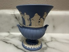 Vintage Wedgwood Blue Mini Urn Vase Handles Jasperware England Stamped picture