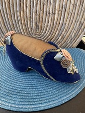 VTG Victorian Style Blue Velvet Slipper Shoe Pin Cushion Novelty New No Box picture