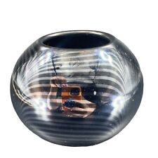 Hand Blown Studio Art Glass Vase Bowl Dark Chrome Pulled Feather Design Glass picture