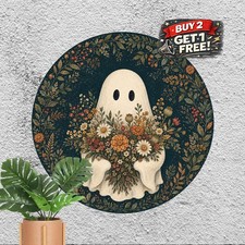 Cute Little Ghost Holding Wildflowers Halloween Round Metal Sign 8x8 picture