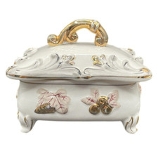 Vintage Hand Painted Footed Porcelain Trinket Vanity Box Fruit Leaf Gold Accents picture