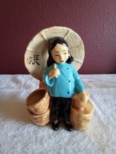 Vintage Handpainted California Pottery Asian Woman w/Umbrellaand Baskets Planter picture