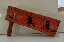 Vtg 1930s Kirchhof Tin Litho Halloween Noisemaker Ratchet Witch Cat Frog USA EXC picture