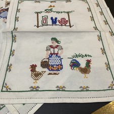 Vintage Counted Cross Stitch Table runner 6 Matching Napkins Laundry Dog Clothes picture