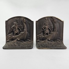Vtg Nordic Bookends Bronzed Cast Metal Viking Warrior Rustic European Heavy Set picture