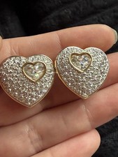 Vintage Swarovski Heart Clip On Earrings Crystal Pavé Gold Tone Signed Swan picture