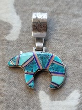 Vintage *Heavy* Native American Reversible Bear Pendant .925 w/MULTI STONE Inlay picture