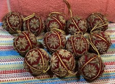 Vintage Burgundy Red Velvet Gold Sequin Christmas Ball Ornaments X12 Holiday picture