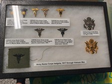 WWI to Vietnam US Army Nurse Corps Insignia Collection Pins 12x8 Riker Case Set picture