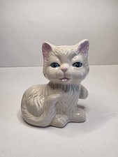 Vintage Ceramic White Cat Figurine Mid Century Kitsch Big Blue Eyes 4