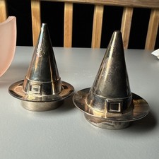 Vintage Witch Hat silver plate salt & pepper Shakers Set Halloween picture